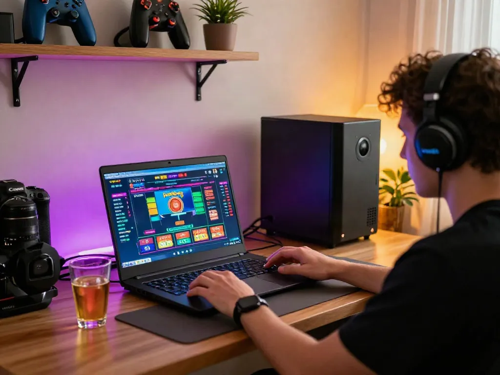 Person enjoying gaming at a UK casino not on GamStop, showcasing stylish setup and immersive atmosphere.