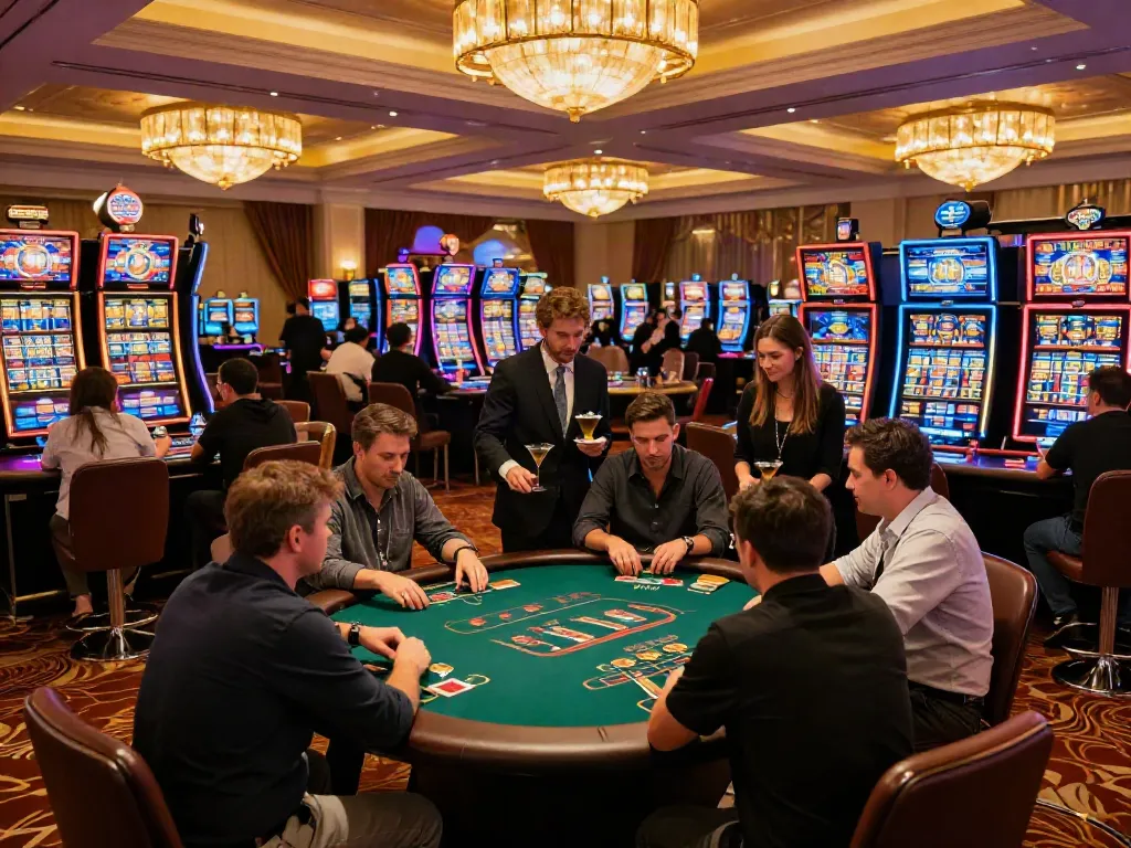 Engaging scene at a UK casino not on GamStop, showcasing vibrant gaming tables and players.