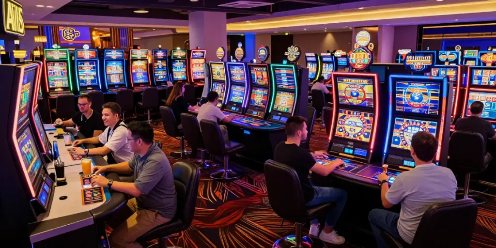 Exciting gaming scene at a UK casino not on GamStop, featuring players at various slot machines and tables.