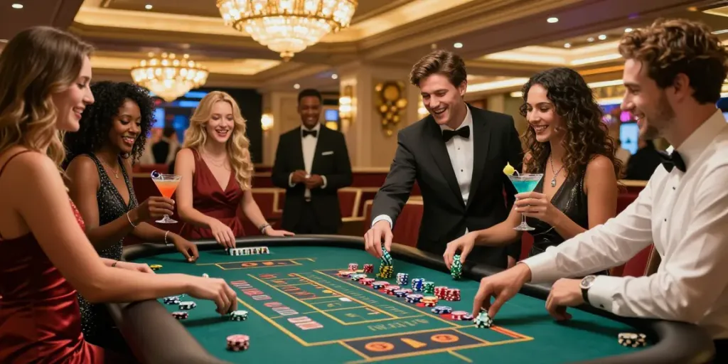 Friends enjoying an exciting night at a UK casino not on GamStop with roulette table excitement.