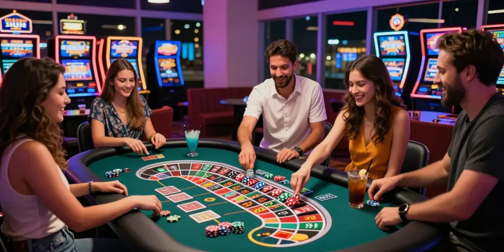 Exciting scene at a UK casino not on GamStop with friends enjoying roulette.