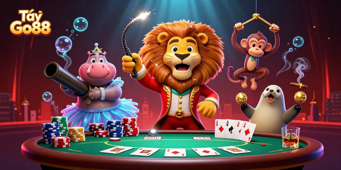 Engage in thrilling action at Tải Go88 with a lively scene featuring circus characters, poker elements, and vibrant casino atmosphere.