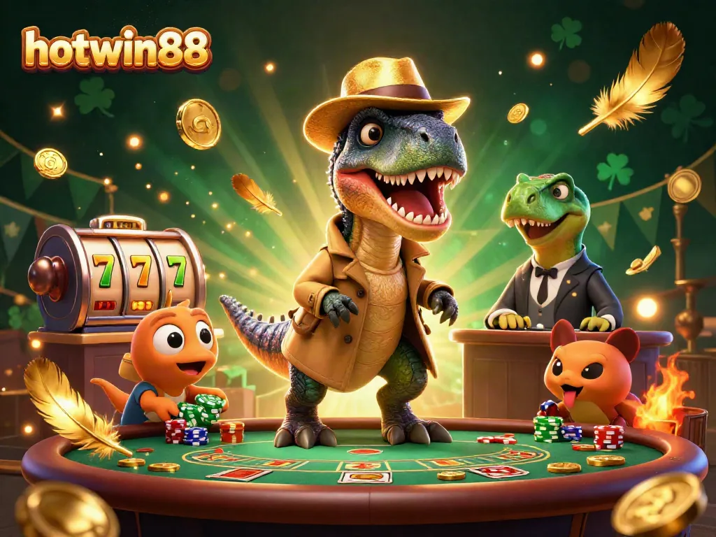 Watch the hotwin88 velociraptor card counter stealthily engaging in a blackjack game amid dazzling casino elements.