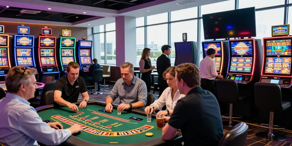 Engaging gaming environment featuring a UK casino not on GamStop with players at tables and slot machines.