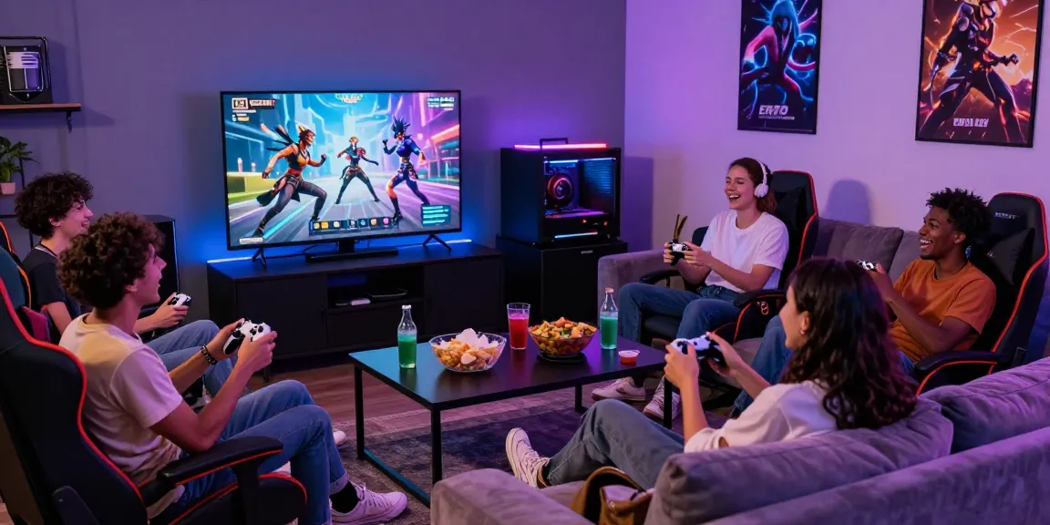 Friends enjoying an ero game together in a vibrant gaming room.