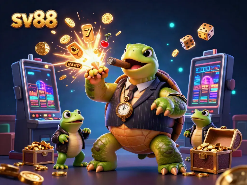 Winning big with sv88 in this vibrant casino-themed 3D illustration of a snapping turtle and bullfrog enforcers.