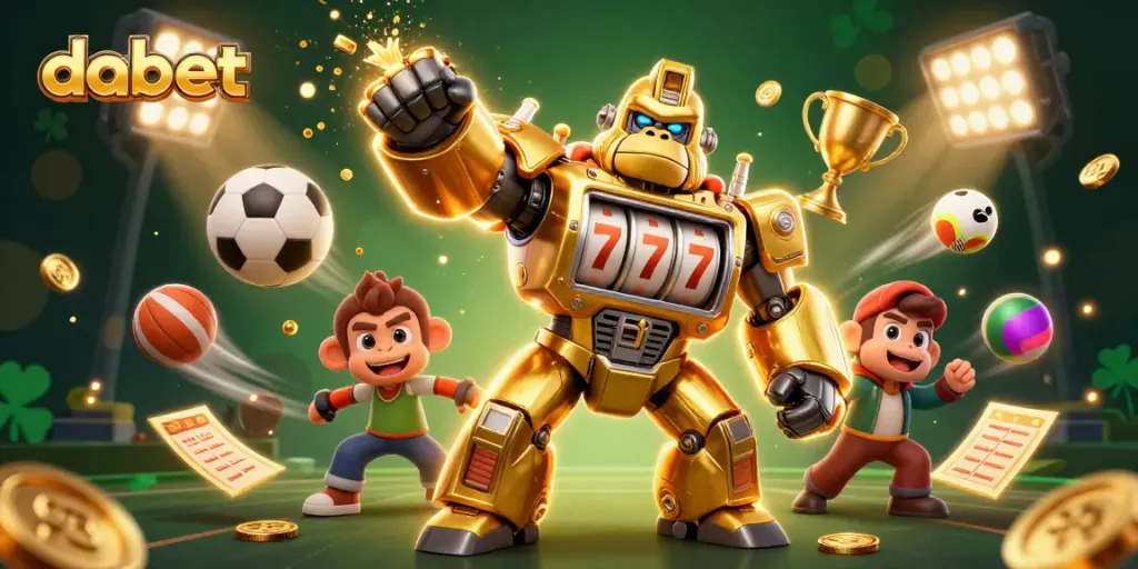 Dabet's dynamic 3D illustration showcases an explosive gambling scene with a golden mech and sports elements.