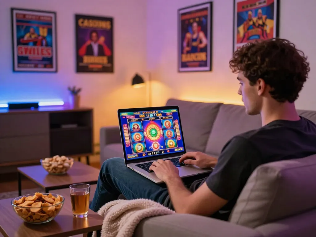Player enjoying engaging casino games online with uk casino not on gamstop in a cozy living room.