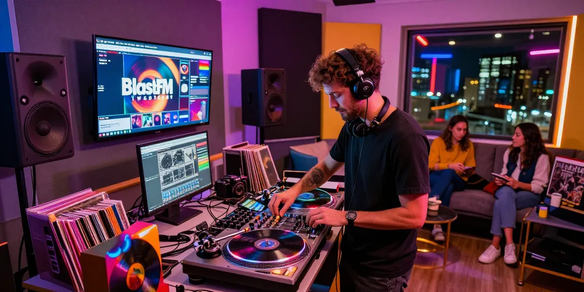 BlastFM Tweetcast showcasing DJ in vibrant studio mixing music tracks