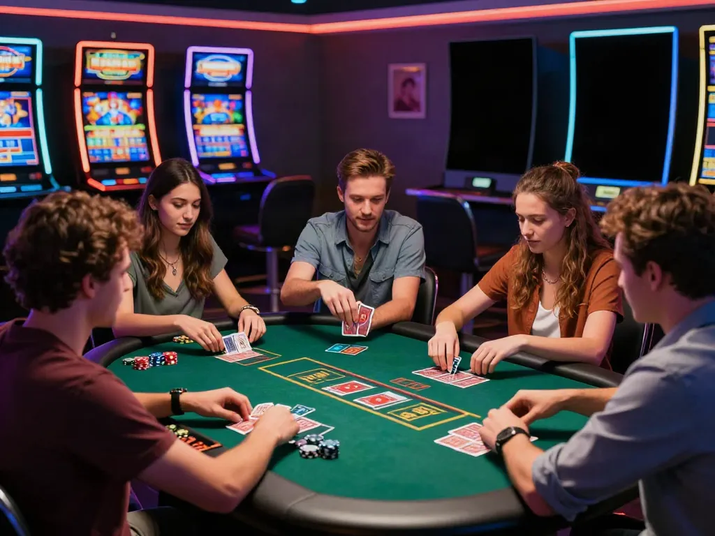 UK casino not on GamStop showing friends enjoying card games in a vibrant, neon-lit modern setting.