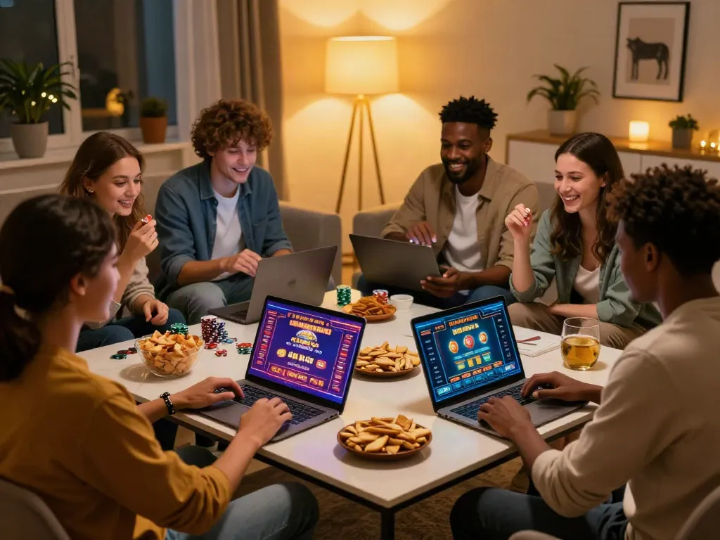 Friends enjoying an entertaining night at a UK casino not on Gamstop, showcasing diverse gaming experiences and a lively atmosphere.
