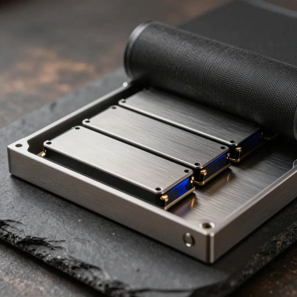 Close-up of SSDs, anti-static mat roll and an open drive tray on dark stone.