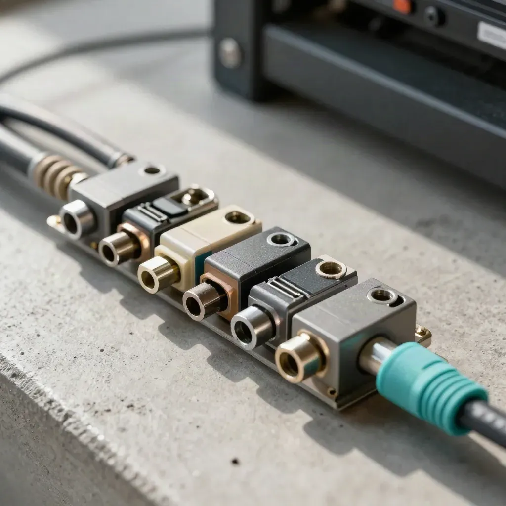 Macro overhead of relay blocks and patch cable on concrete, with cyan detail