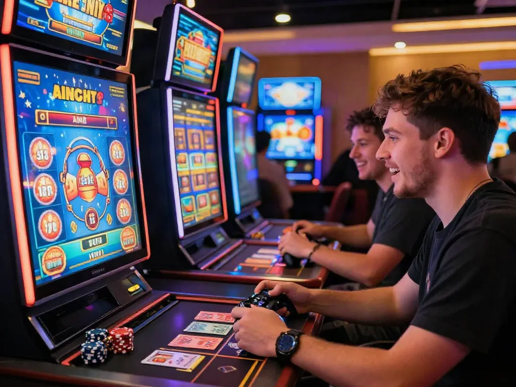 Excited player engaging with a UK casino not on GamStop, surrounded by vibrant gaming visuals.