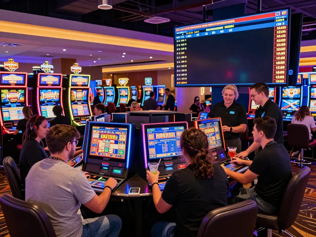Exciting uk casino not on gamstop environment with players at slots and vibrant lighting.