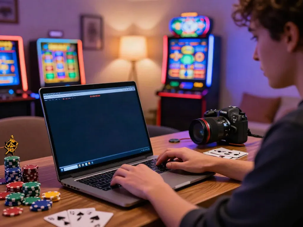 Engaging home gambling scene featuring a player exploring uk casino not on gamstop options with vibrant slot graphics.