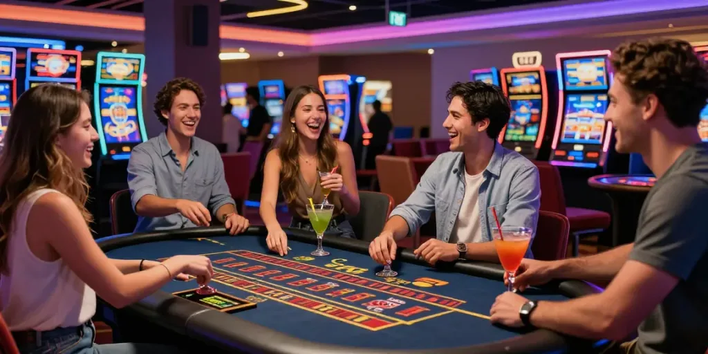 Friends enjoying a lively night at a UK casino not on GamStop with cocktails and gaming tables.