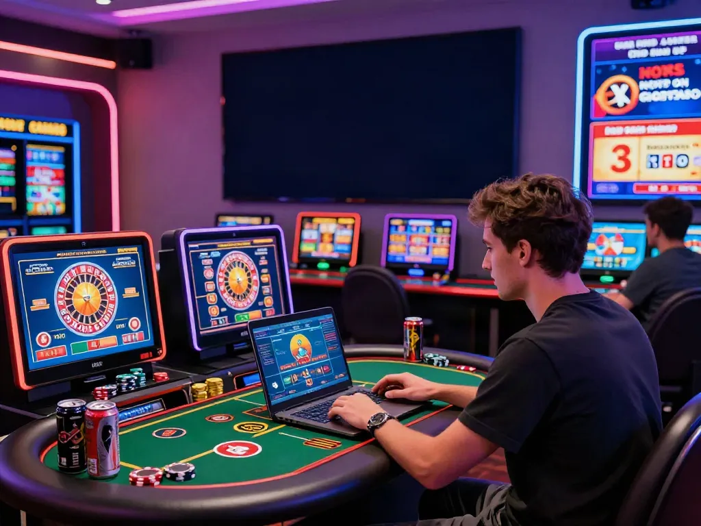 Engaged player enjoying an online gaming session at a UK casino not on GamStop, surrounded by vibrant screens and gaming props.