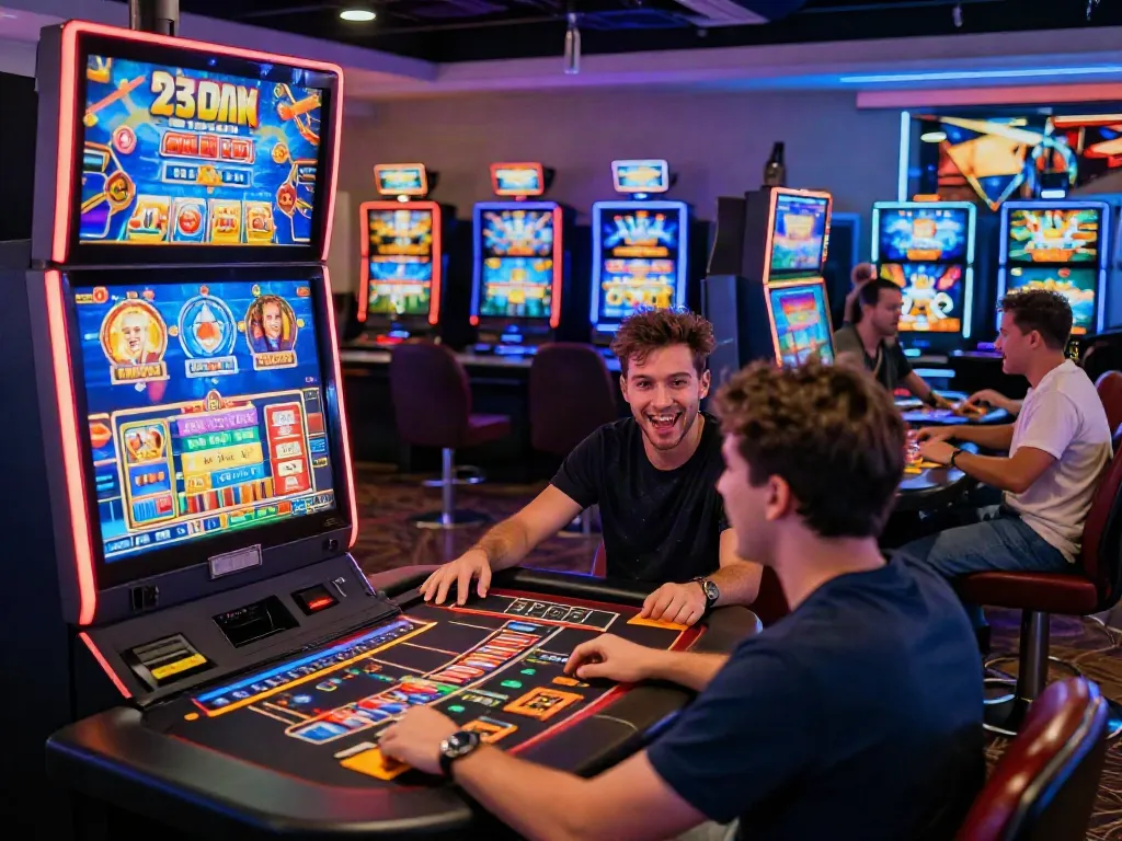 Engaged players experiencing vibrant gameplay at trang chủ sin88, surrounded by colorful slot machines and live dealers.