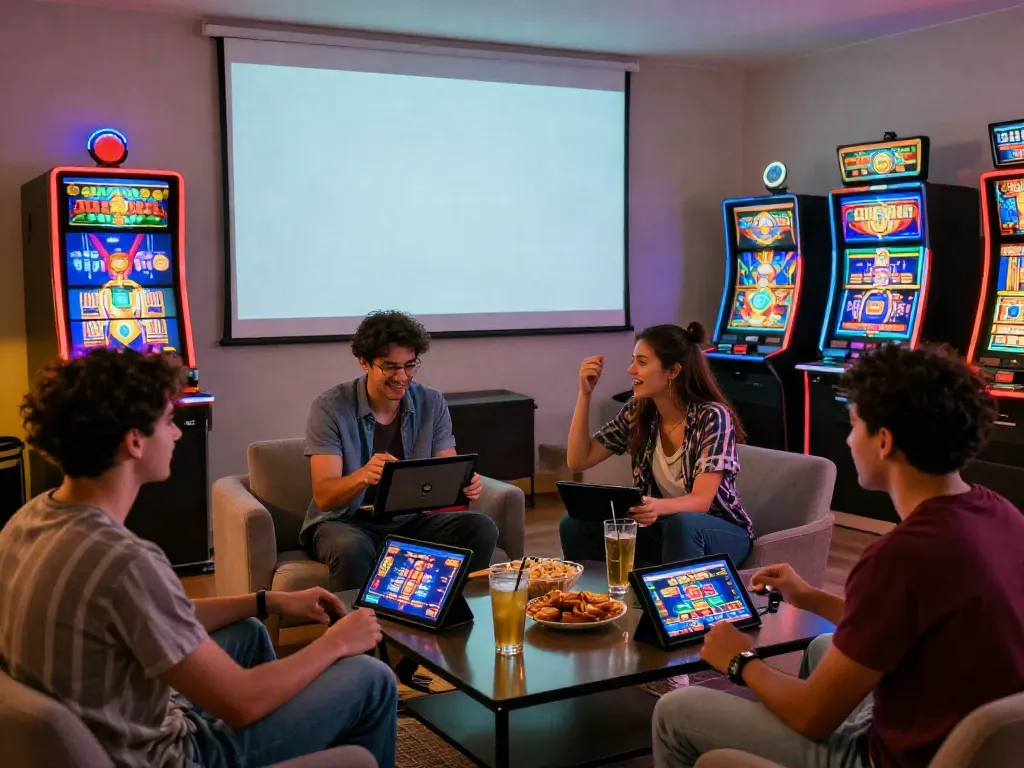 Engaging scene of friends playing uk casino not on gamstop games at home with vibrant graphics.