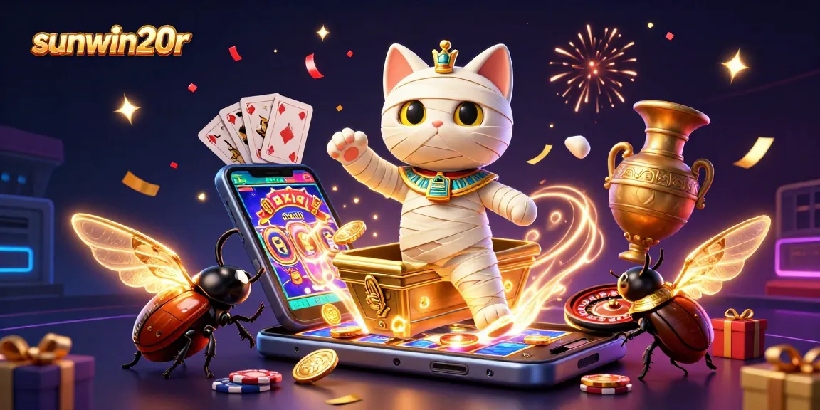 Feel the excitement with sunwin20r as the mummy cat and scarab beetle celebrate wins in an amazing casino scene!