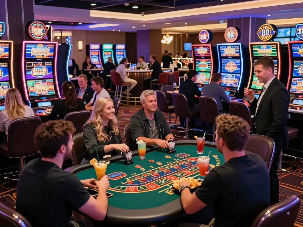 A lively UK casino not on Gamstop atmosphere featuring excited players at gaming tables and neon lights.