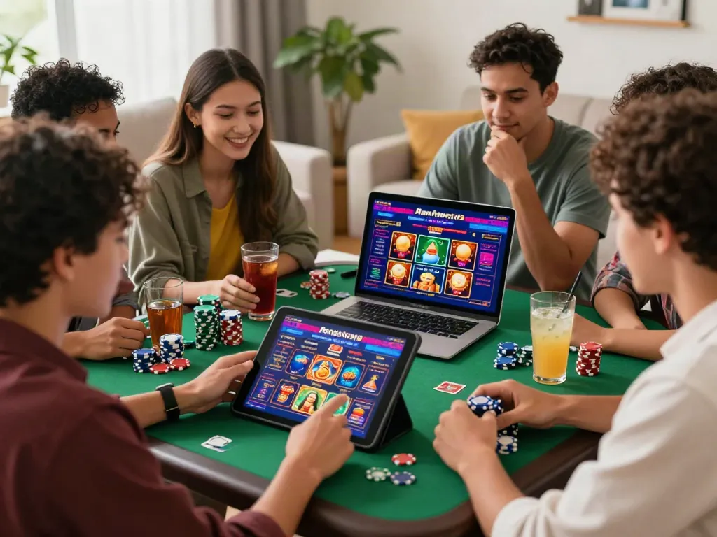Group enjoying an online casino game not on GamStop in a cozy living room.