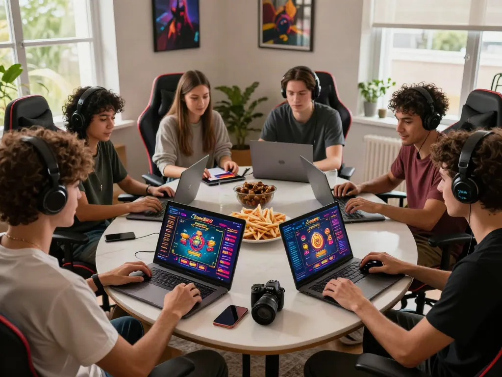 Friends enjoying games at casinos not on GamStop, vibrant gaming atmosphere.