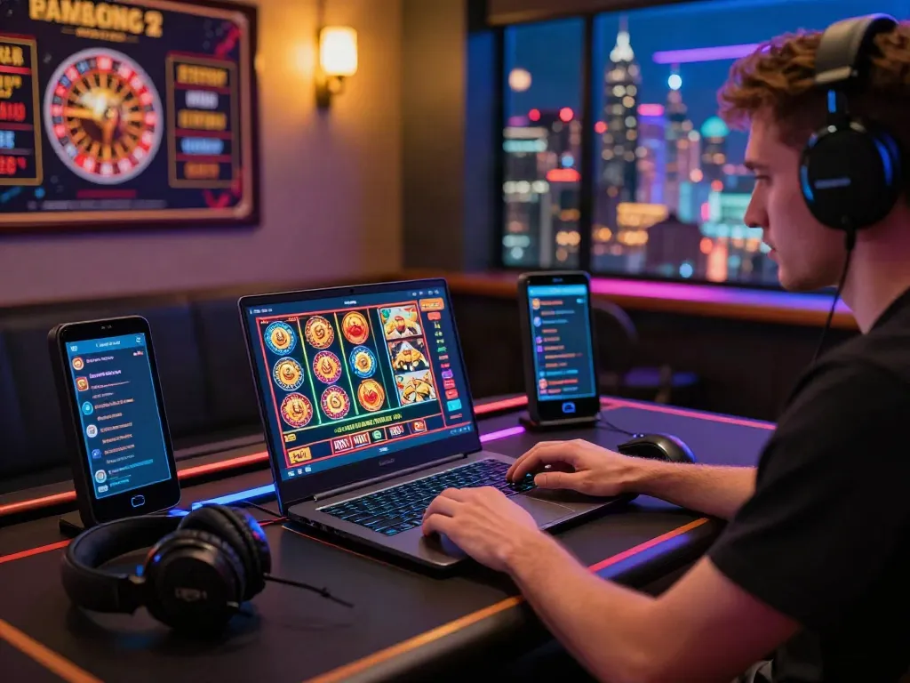 Gamer engaged with UK casino not on GamStop games on laptop amidst vibrant gaming setup.