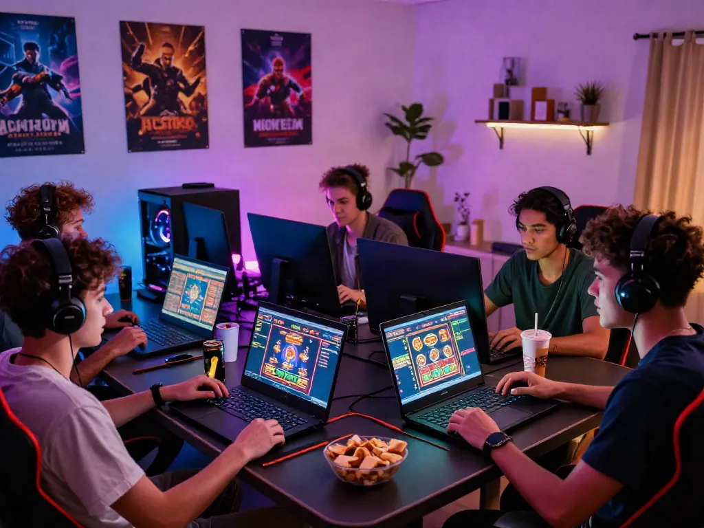 Group of friends exploring UK casino not on Gamstop with laptops and vibrant gaming setup.