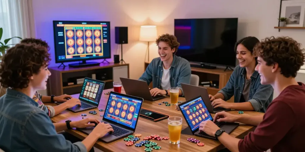 Friends enjoying online play at a uk casino not on gamstop, laptop and vibrant LED lights.