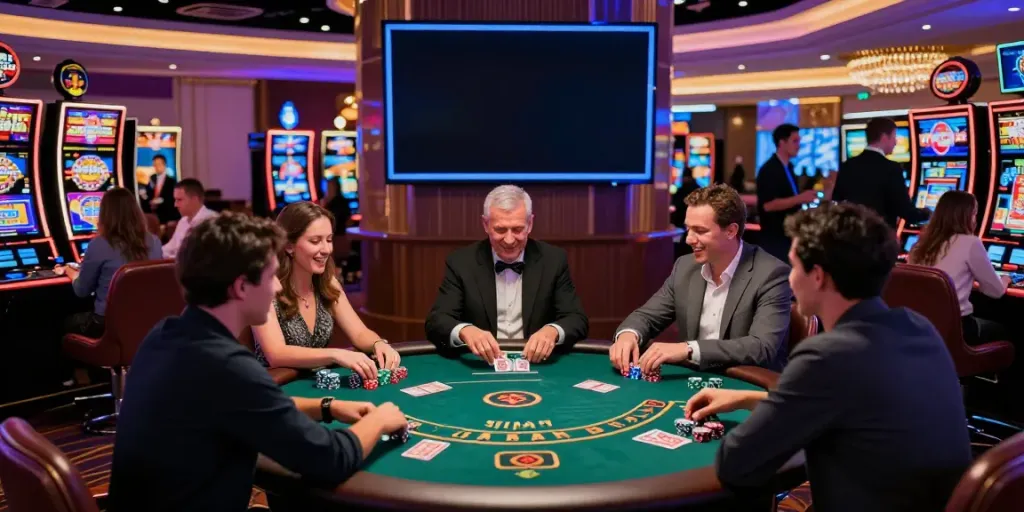 Engaging scene at a UK casino not on GamStop with diverse players enjoying games.