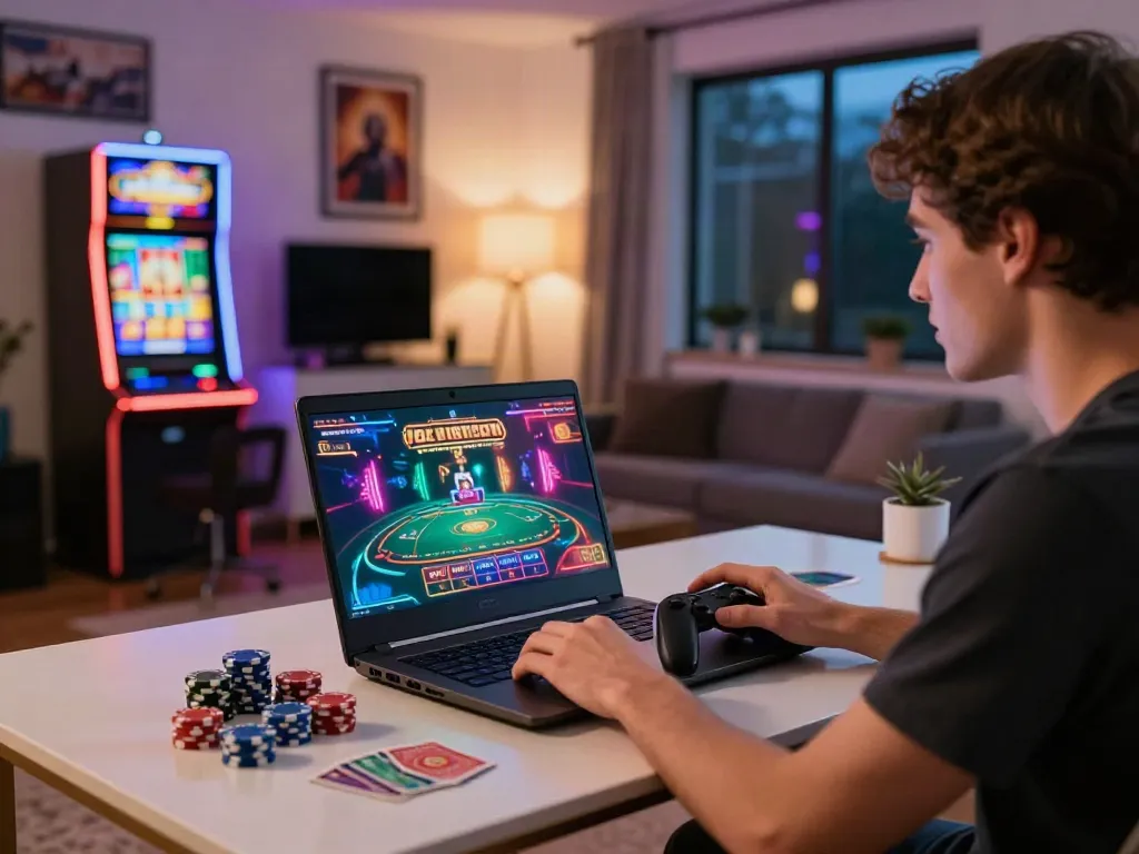 Exciting online gaming room with a player engaging with an online casino interface not on GamStop.