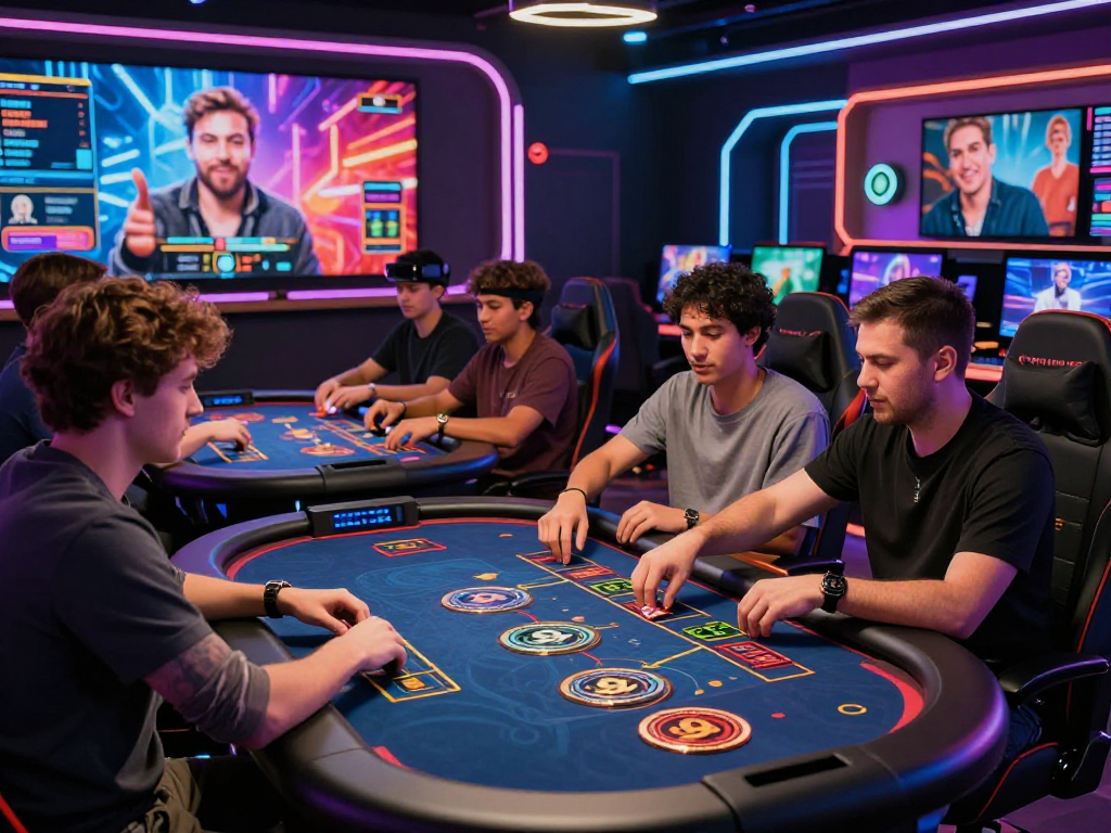 Dynamic scene of a crypto casino with players enjoying live dealer games, showcasing vibrant neon elements and interactive features.