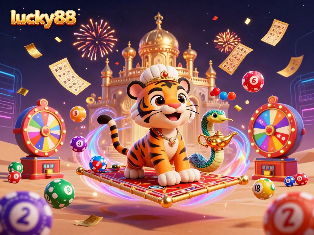 Experience the excitement of lucky88 with dynamic lottery elements and a magical casino scene.