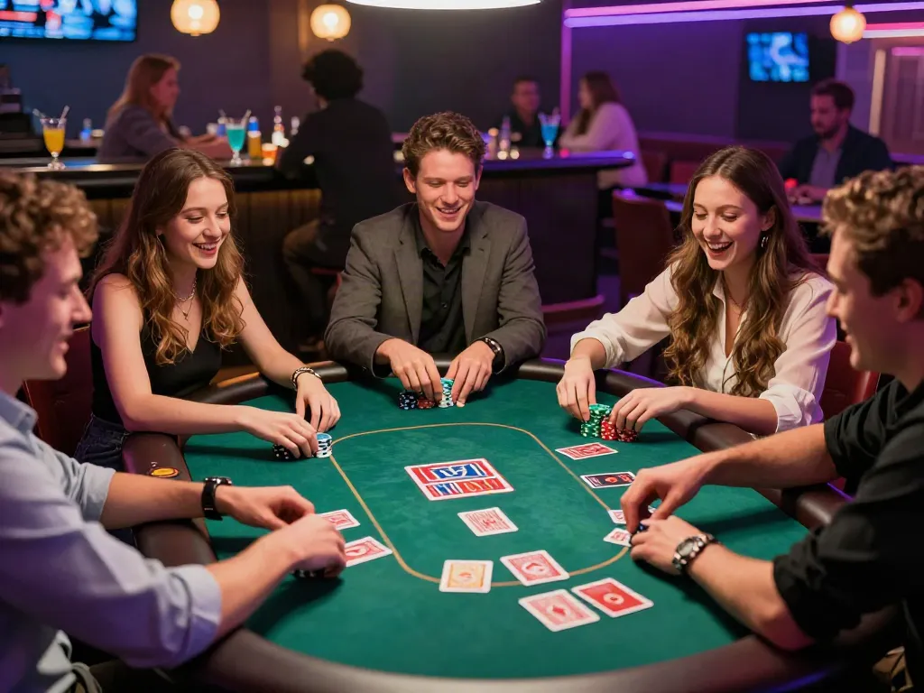 Group enjoying games at a UK casino not on GamStop with vibrant lights and lively atmosphere.