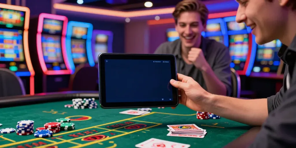 Excited player enjoying games at a trusted uk casino not on gamstop with vibrant surroundings.