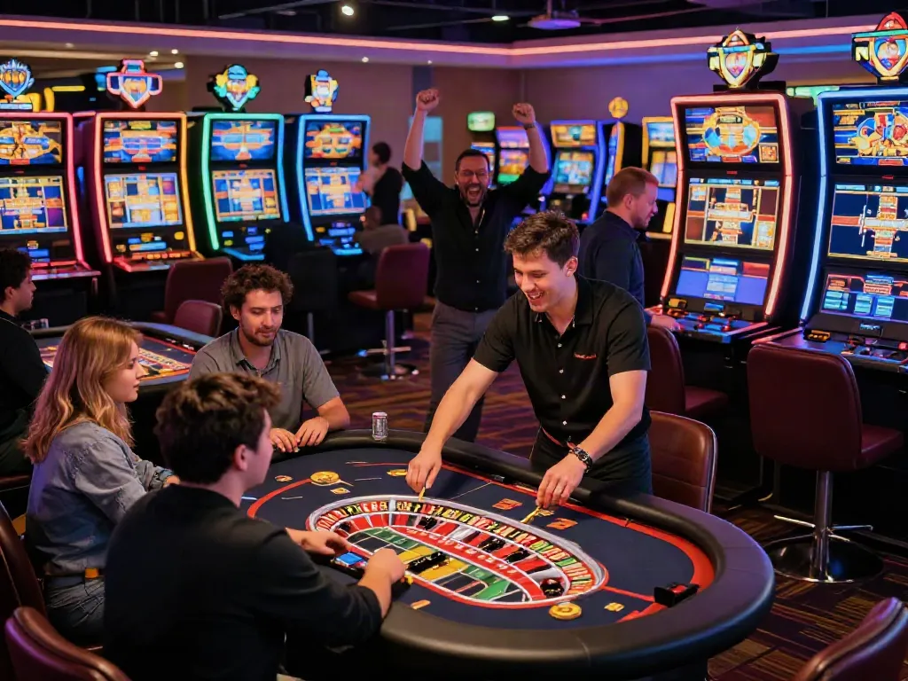 Engaged players enjoying a lively scene at a UK casino not on GamStop with colorful games and friendly dealers.