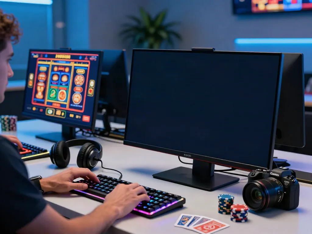 The scene at a modern online casino showcasing vibrant gaming on screen, highlighting the experience of playing at a UK casino not on GamStop.