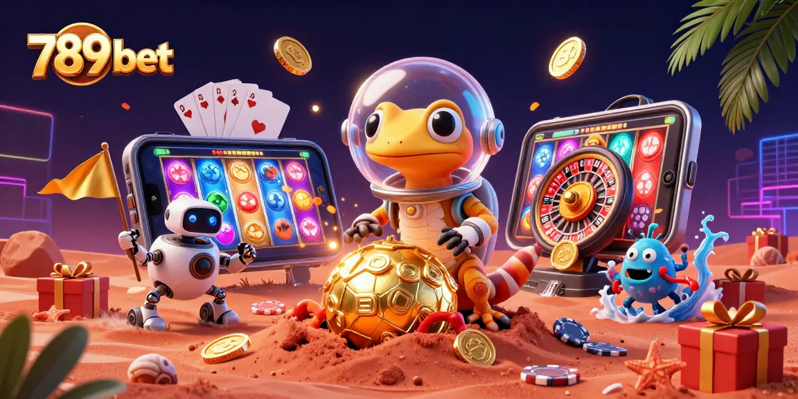 Engage with the exciting 789 bet illustration showcasing a Martian gecko exploring a golden casino.
