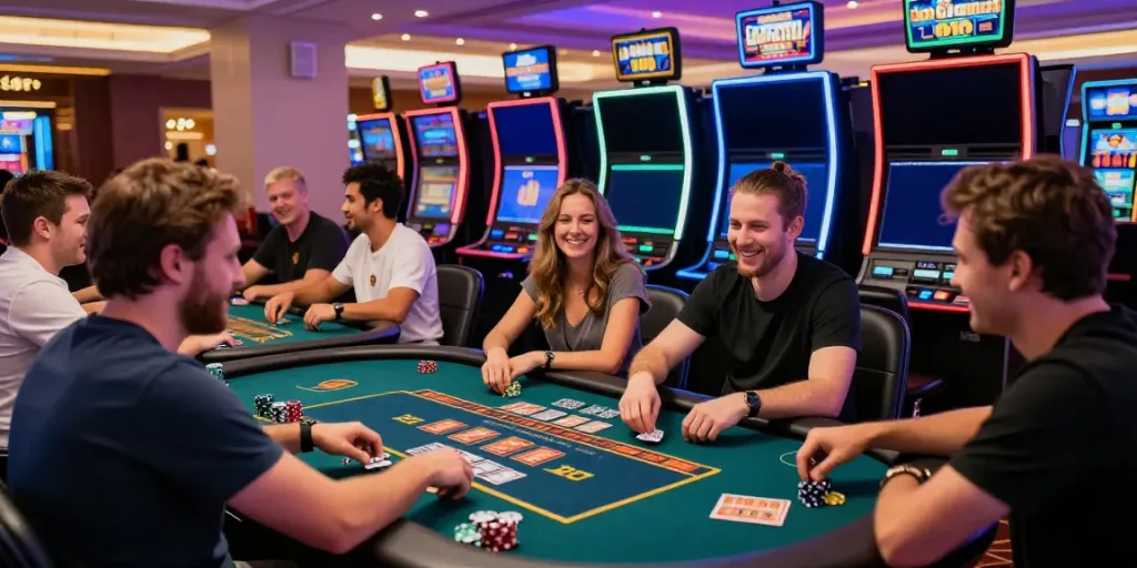 Players enjoying games at a UK casino not on GamStop, celebrating wins in a lively digital environment.
