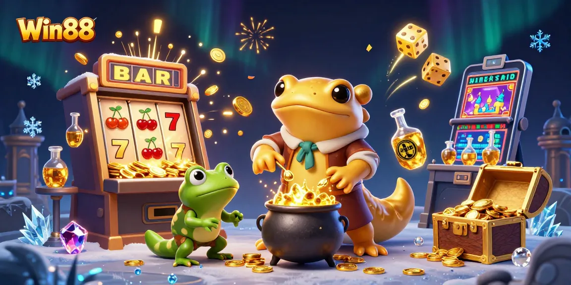 Win88 casino scene featuring a golden salamander alchemist creating gold amidst dynamic gaming elements.