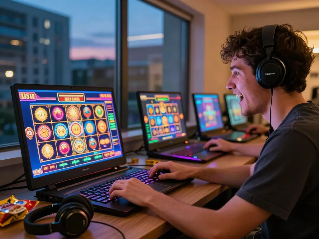 Engaged player enjoying an online casino not on GamStop during twilight.