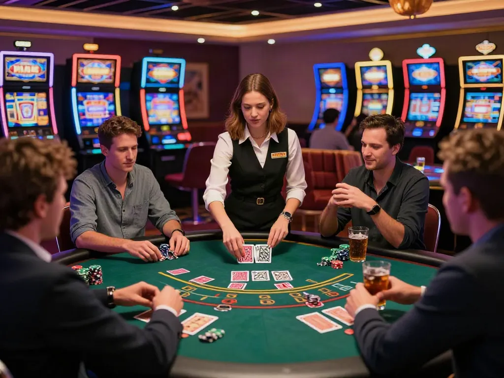 Exciting gaming scene at a UK casino not on GamStop with players and croupier.