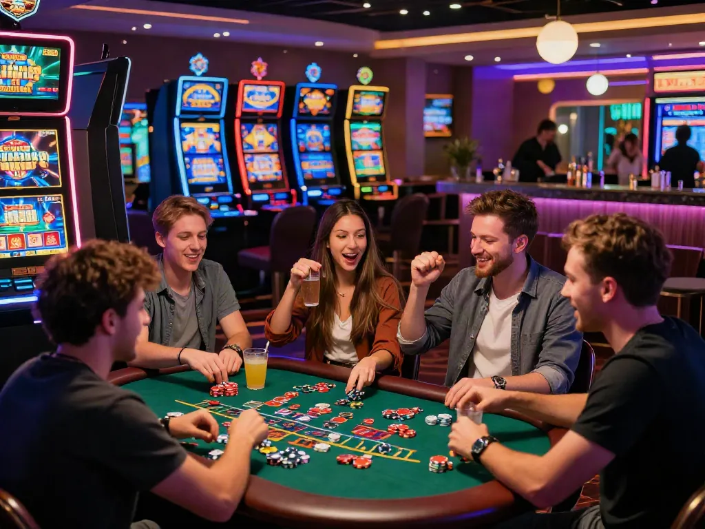 Exciting scene of players at a UK casino not on GamStop enjoying diverse games and lively atmosphere.