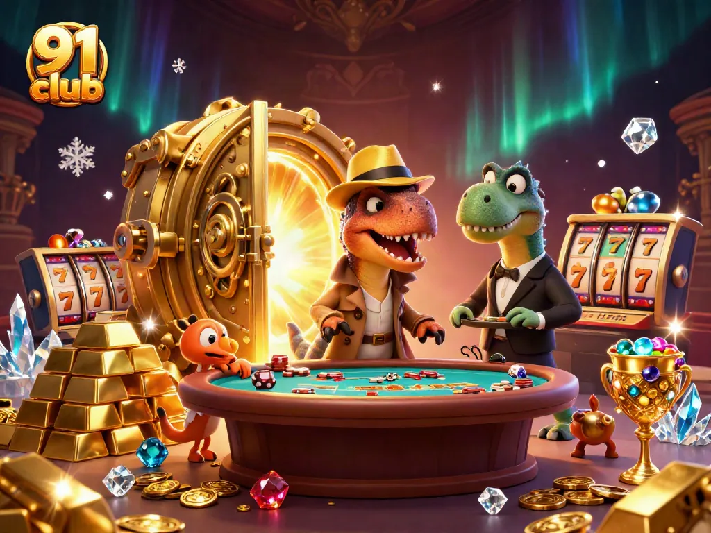 Engage with thrilling games at 91 club featuring a velociraptor at a blackjack table surrounded by treasures.