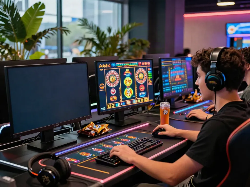 Exciting scene of a player at a modern UK casino not on Gamstop, enjoying diverse games in a vibrant setting.