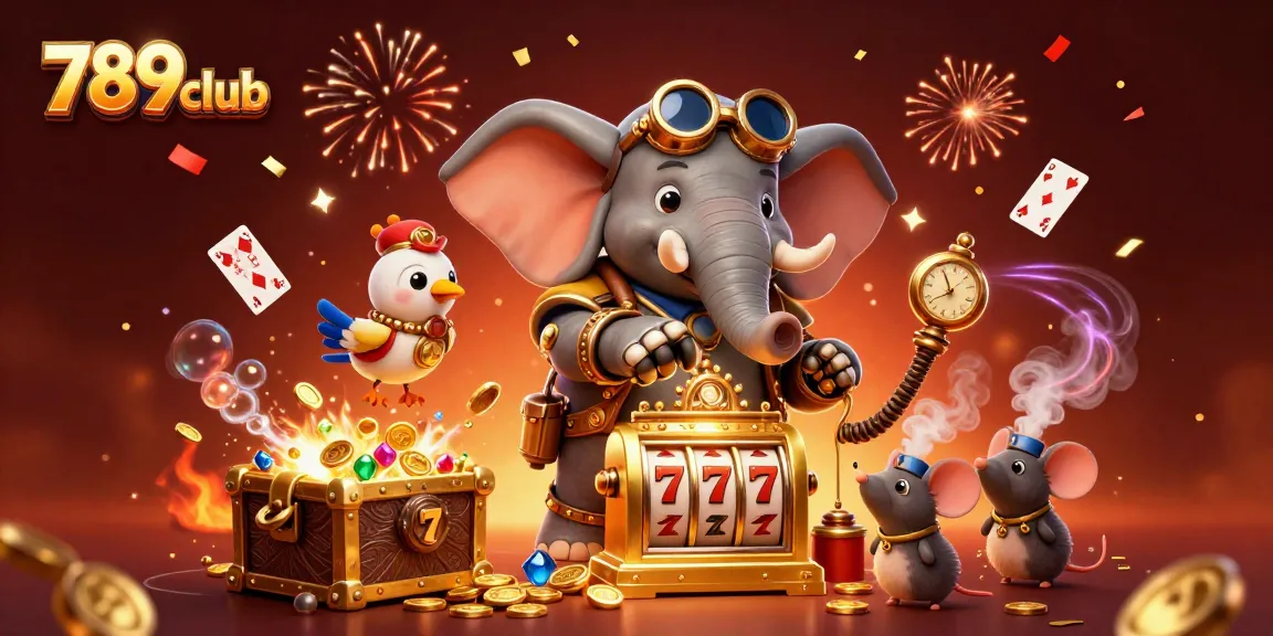 Engage in thrilling slot adventures at 789club with our steampunk elephant and vibrant casino elements.