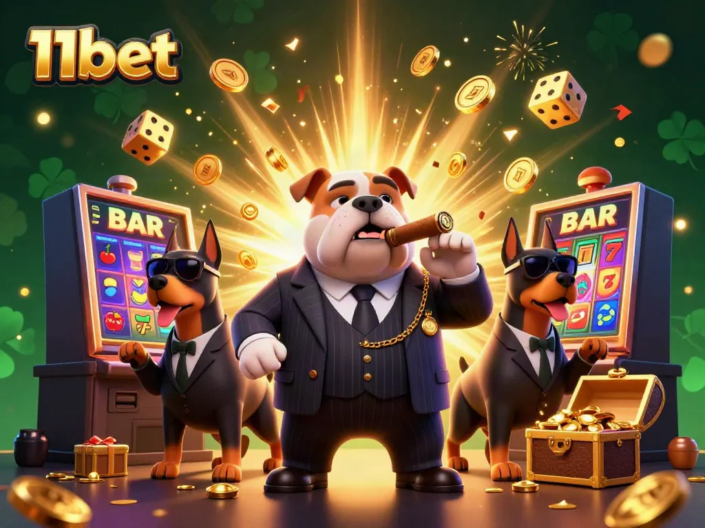 Experience the excitement of 11bet with a dynamic casino scene featuring a mafia bulldog, slot machines, and golden rewards.