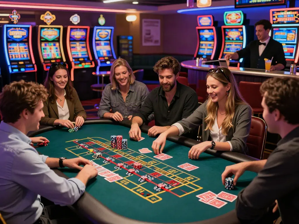A lively scene at a UK casino not on GamStop, showcasing diverse players enjoying games at a vibrant roulette table.